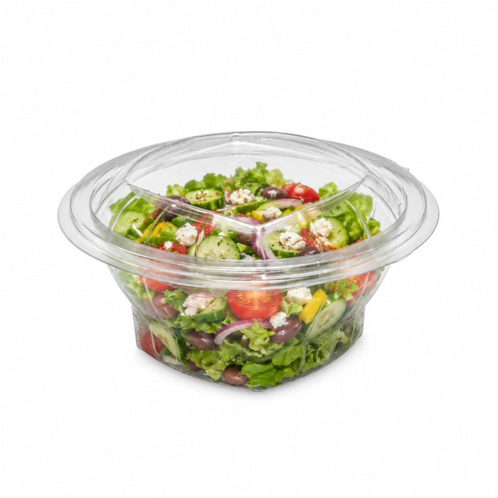 Saladier rond transparent PET avec couvercle attaché 250 ml - Ø 10 cm - H 4,8 cm - 50 unités