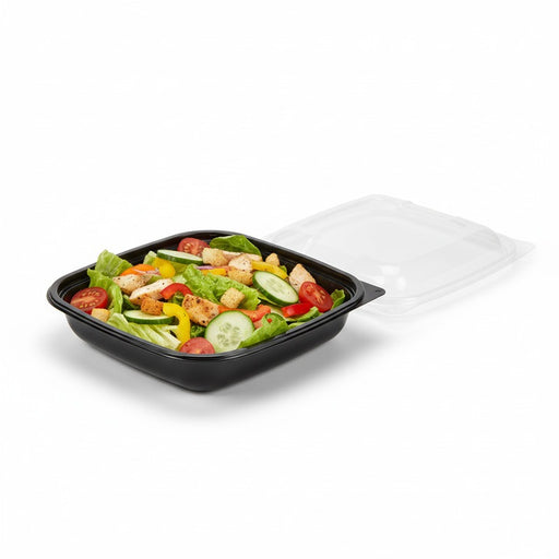 Saladier PET carré noir avec couvercle 750 ml 19 cm x 19 cm x 4,5 cm - 150 unités