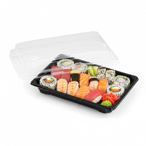 Barquette sushi plastique PS noir avec couvercle PET transparent Suky 17 x 12 x 4 cm - 50 unités