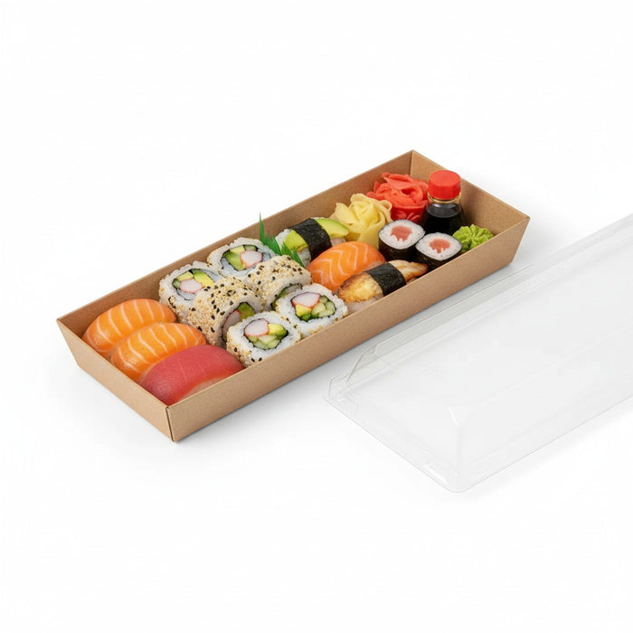 Barquette sushi en carton kraft brun a/c couvercle transp. plastique PET   209x78, H25 mm, 50pcs