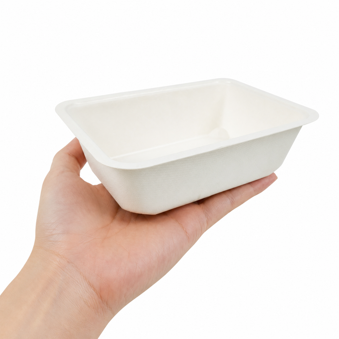 Barquette scellable blanche en pulpe laminée PLA - 950 ml - 19 cm x 13,7 cm x 5,5 cm - 100 unités