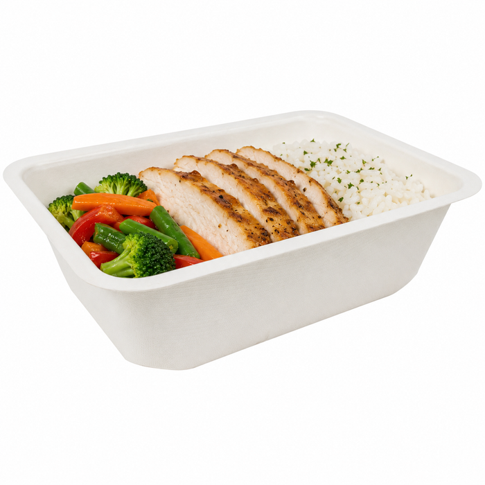 Barquette scellable blanche en pulpe laminée PLA - 950 ml - 19 cm x 13,7 cm x 5,5 cm - 100 unités