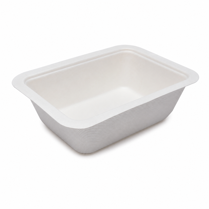 Barquette scellable blanche en pulpe laminée PLA - 375 ml - 13,7 cm x 9,5 cm x 4,5 cm - 100 unités