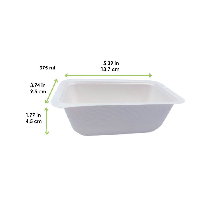 Barquette scellable blanche en pulpe laminée PLA - 375 ml - 13,7 cm x 9,5 cm x 4,5 cm - 100 unités