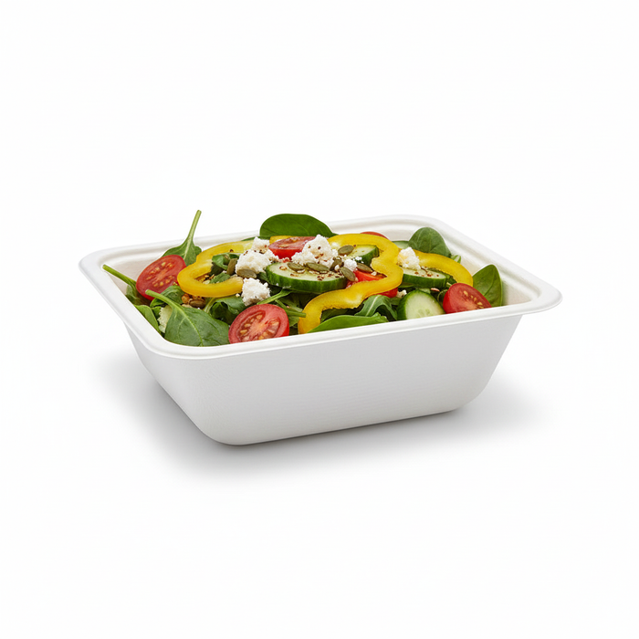 Barquette scellable blanche en pulpe laminée PLA - 375 ml - 13,7 cm x 9,5 cm x 4,5 cm - 100 unités