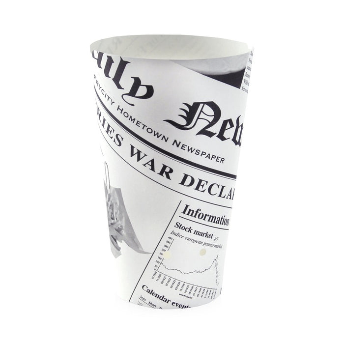 Gobelet carton snack refermable perforé blanc décor "Journal" - 480 ml - Ø 8,8 cm - H 15,7 cm - 50 unités
