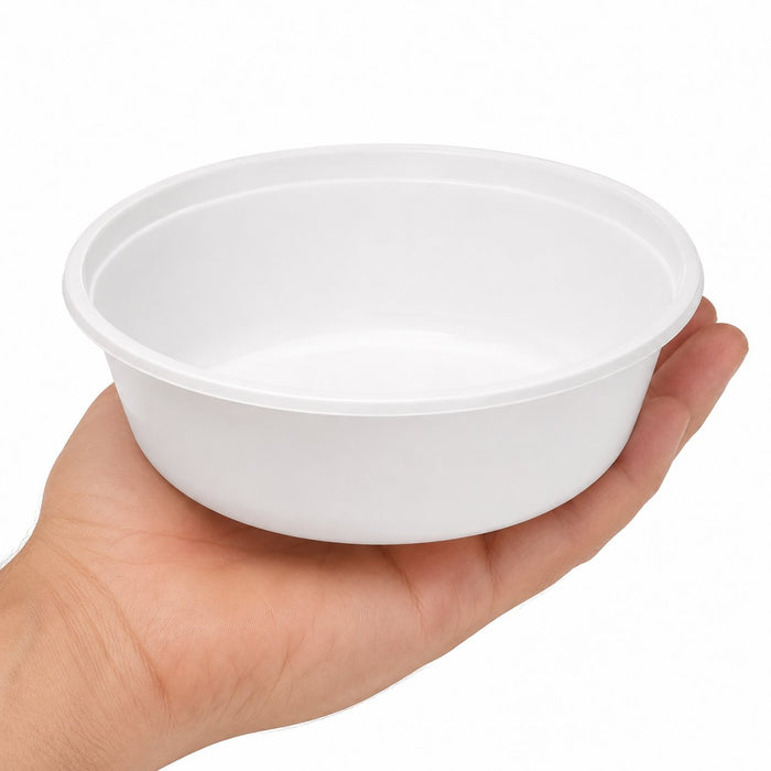 Bol rond blanc en plastique PP - 350 ml - Ø 14,2 cm - H 4,8 cm - en main