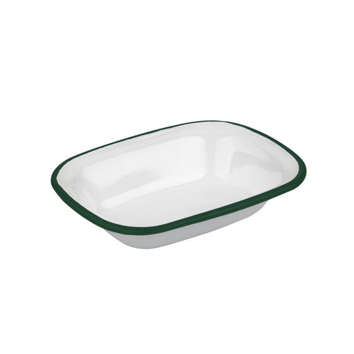 Enamel barquette acier emaillÃ© blanche /bord vert 350ml - 18 cm x 13 cm H 4 cm - 12 unités