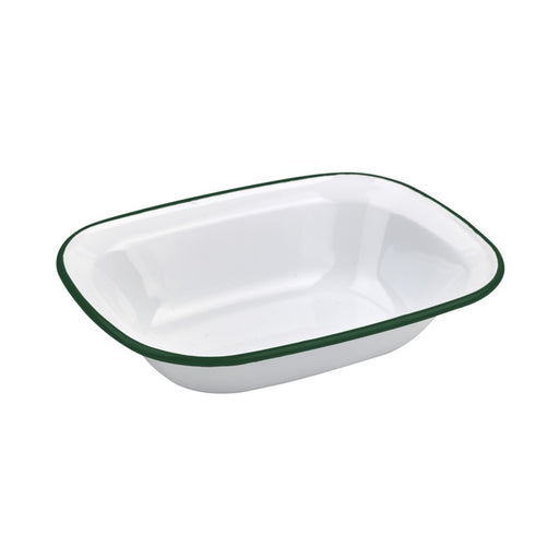 Enamel assiette barquette acier emaillé blanche /bord vert 1100ml - 26 cm x 19 cm H 5,5 cm - 12 unités