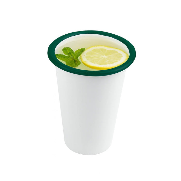 Enamel gobelet emaillé blanche /bord vert - 300 ml - Ø 9 cm - H 9 cm - 12 unités