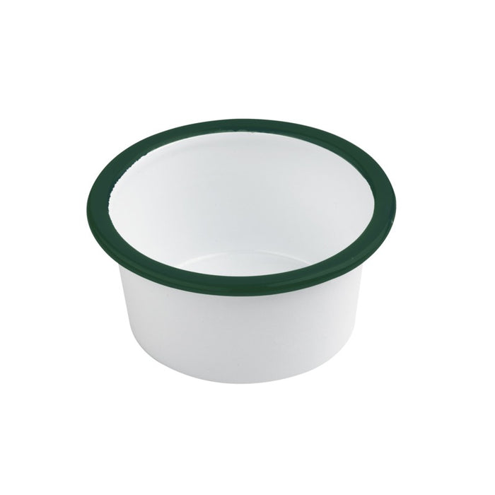 Enamel pot bord droit acier emaillé blanche /bord vert - 160 ml - Ø 9 cm - H 4,5 cm - 12 unités
