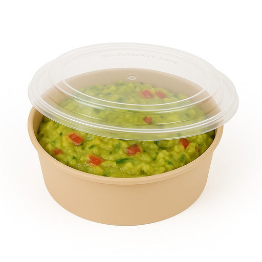 Bol reemp beige PP imprimé avec couvercle transparent - 980 ml - 18,2 cm x 18,2 cm x 6,7 cm. - 50 unités