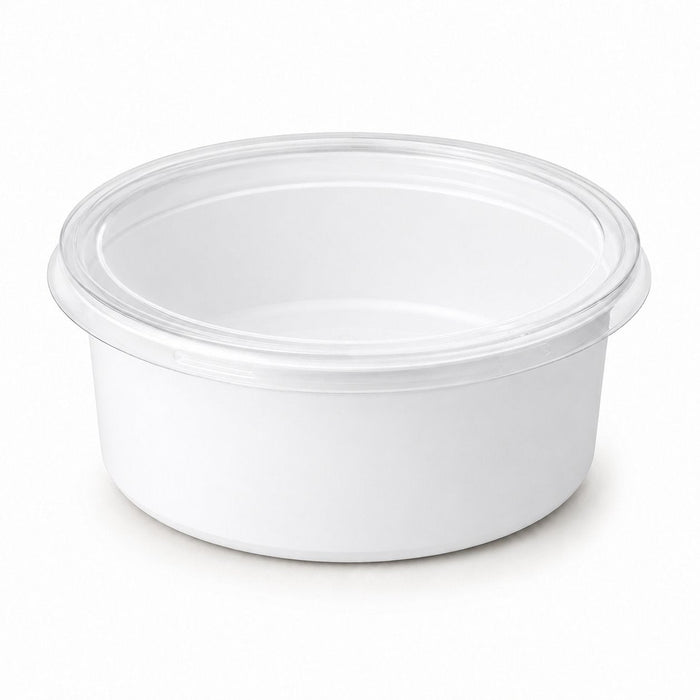 Pot à sauce rond blanc avec couvercle plat transparent - 120 ml - Ø 7,4 cm - H 4,5 cm