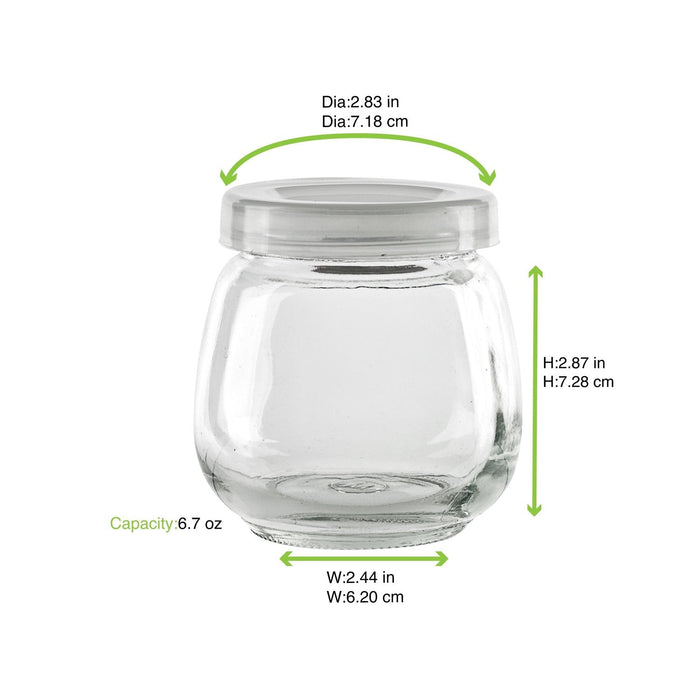 Bocal en verre sphérique avec bouchon en PP - 200 ml - Ø 6,2 cm - H 7 cm - dimensions