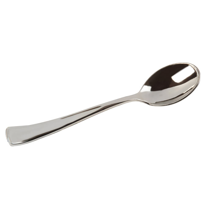 Mini cuillère plastique PS argenté Par 100 unités L: 10 cm x P: 1,13 g